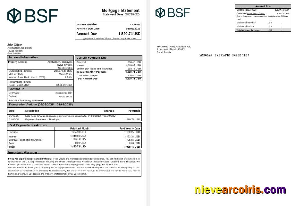 Saudi Arabia Banque Saudi Fransi mortgage statement